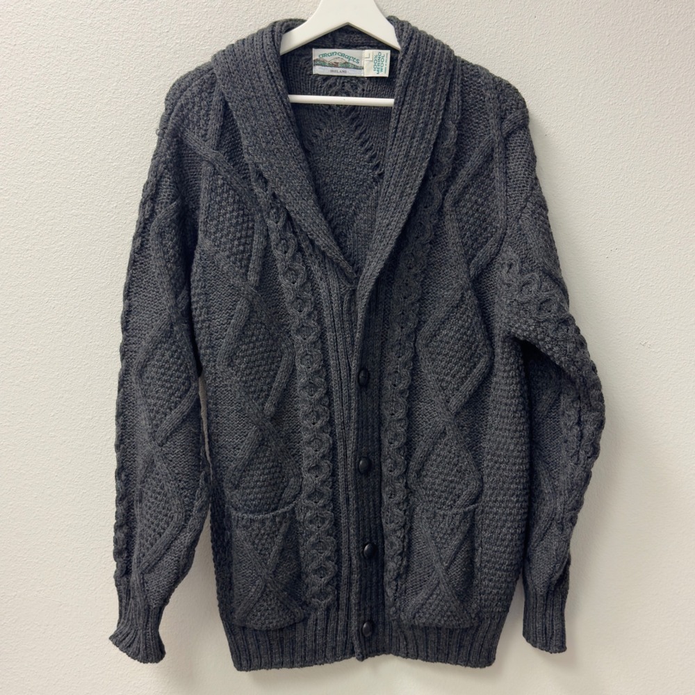 Aran Crafts Cardigan Mens Large Gray Merino Wool Cable Knit Ireland